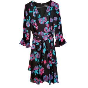 Tahari Arthur S Levine ASL Black Multicolor Floral Print Pleated AOP Dress Sz 6